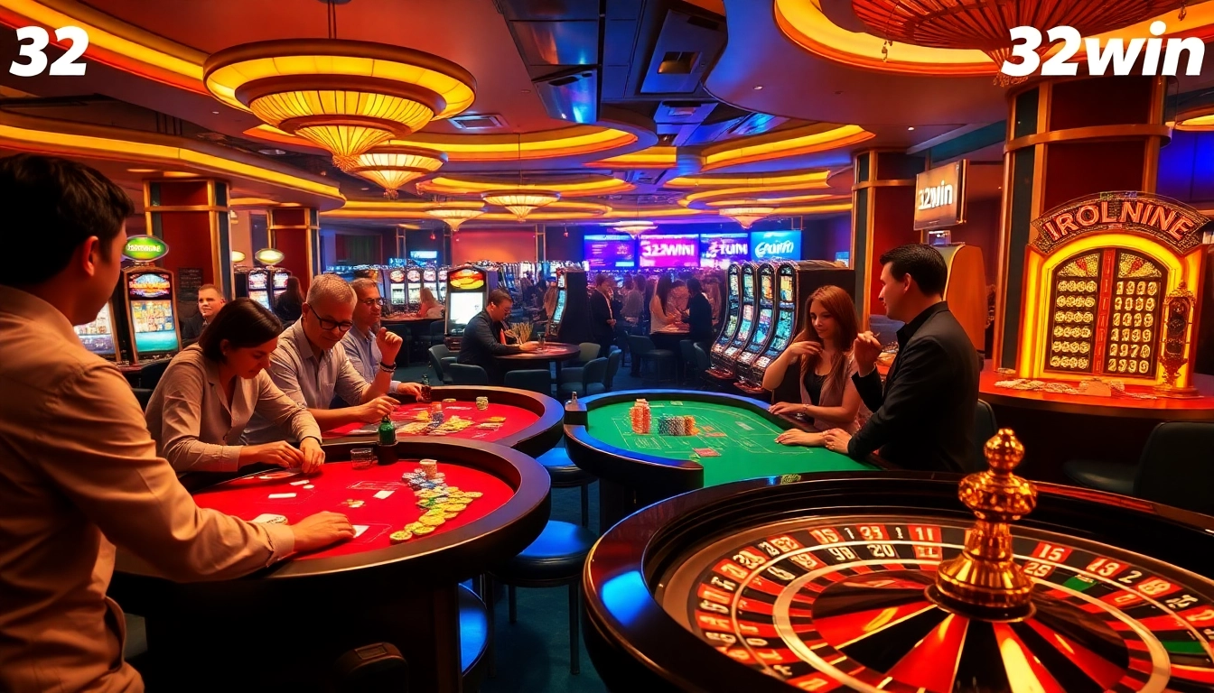 Players enjoying card games and roulette at 32win casino, immersed in thrilling gambling adventures.