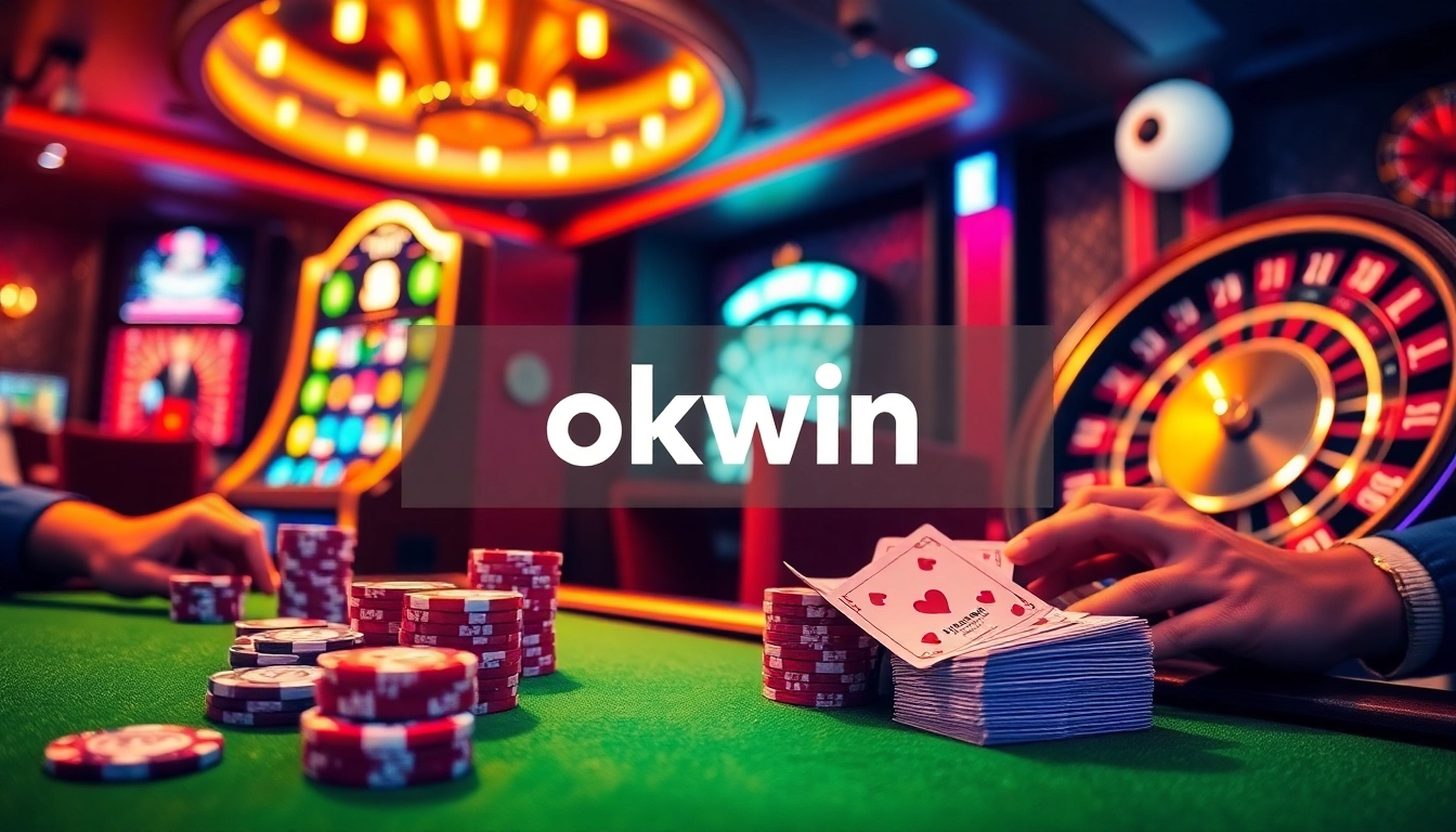 Experience the thrill of okwin as players engage with vibrant slot machines and poker tables in this captivating casino scene.