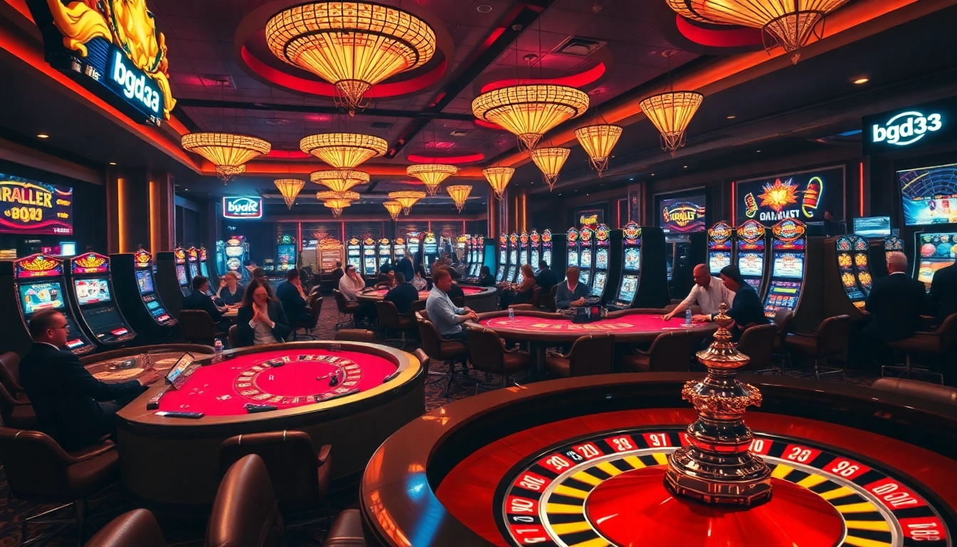 bgd33 captures the excitement of players winning at a casino table surrounded by bright slot machines.