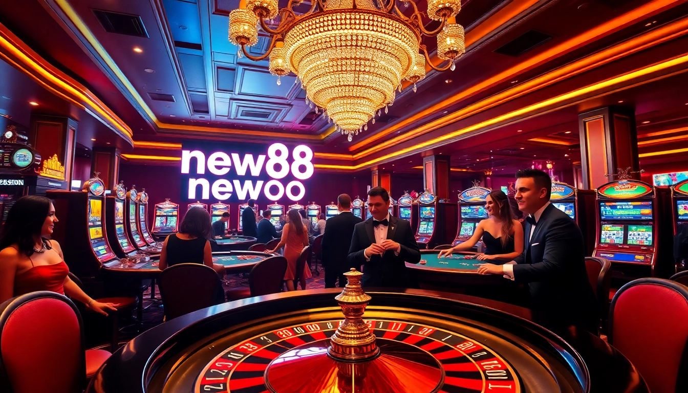 Experience the thrill of new88 at an upscale casino, featuring a roulette table and excited players betting.