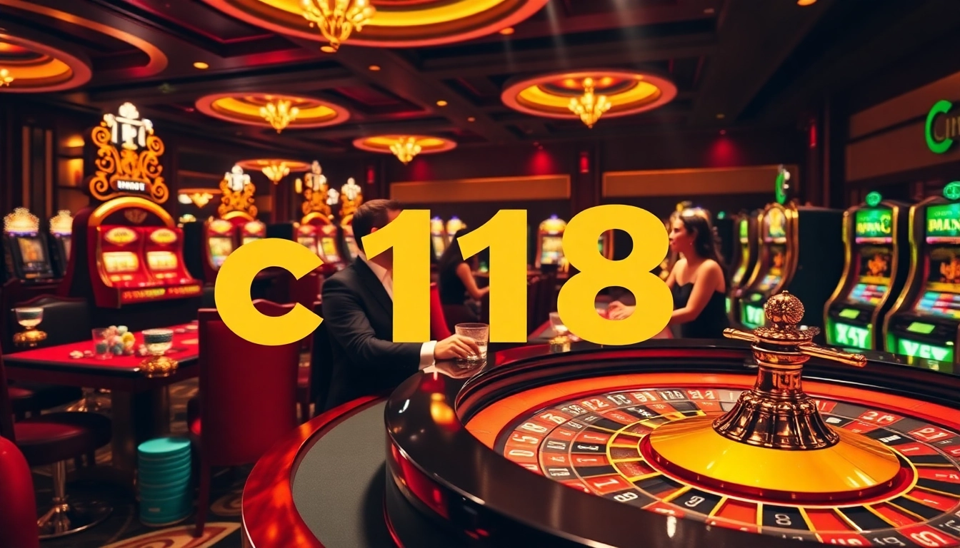 Exciting casino scene featuring the "c168" logo, bustling with players at roulette and slot machines.