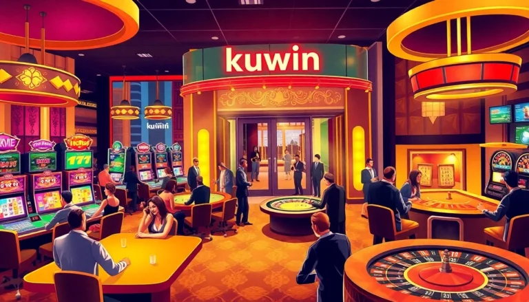 Kuwin casino showcasing players at poker tables and slot machines filled with excitement.