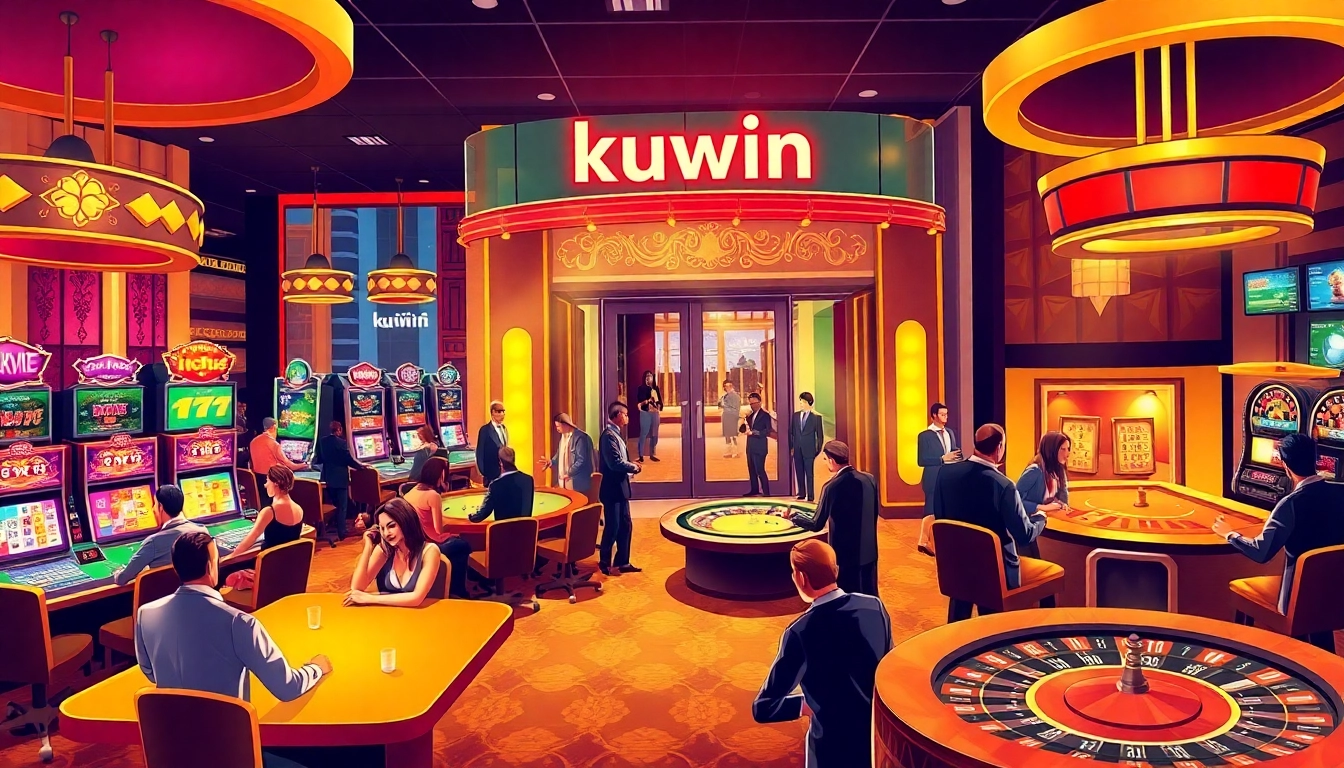 Kuwin casino showcasing players at poker tables and slot machines filled with excitement.