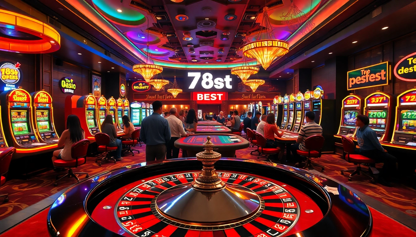The '789f best' experience comes alive on a dynamic casino floor full of players, roulette tables, and neon lights.