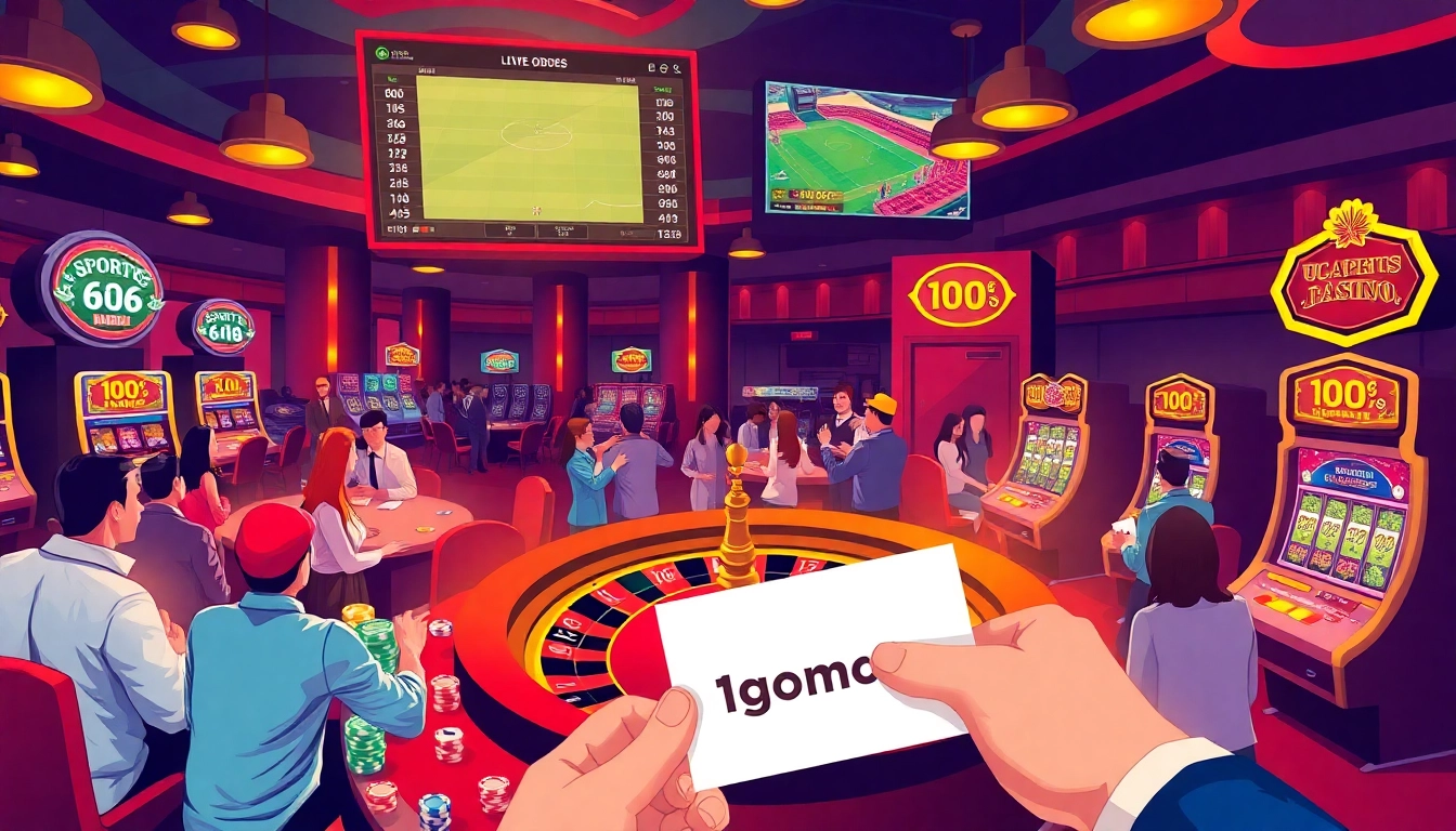 Players cheering in a lively casino, showcasing 1gom betting slips among colorful poker chips.