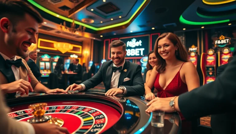 F8BET gaming enthusiasts enjoying a thrilling evening at a lavish casino, placing bets on roulette and poker tables.