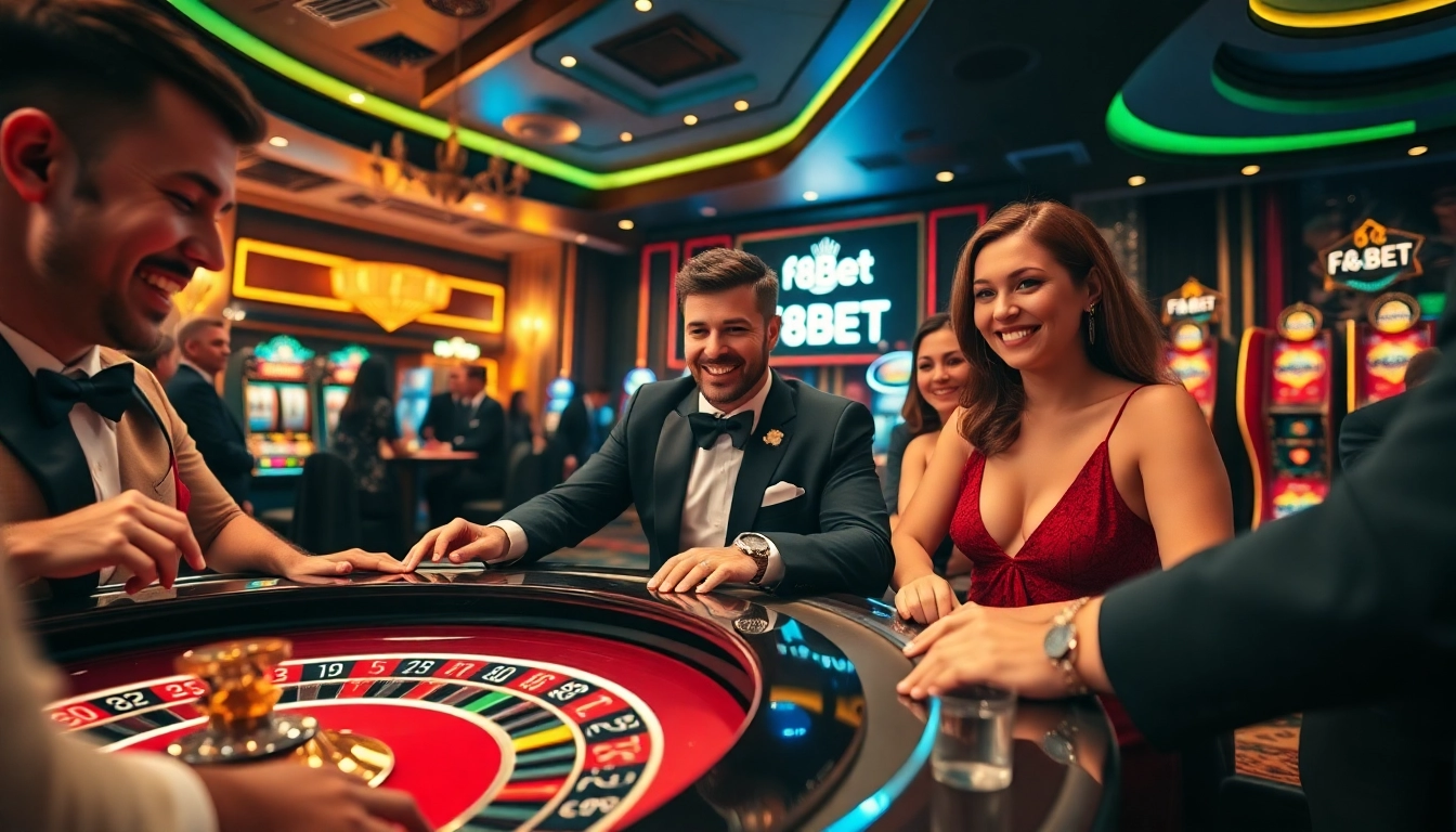 F8BET gaming enthusiasts enjoying a thrilling evening at a lavish casino, placing bets on roulette and poker tables.