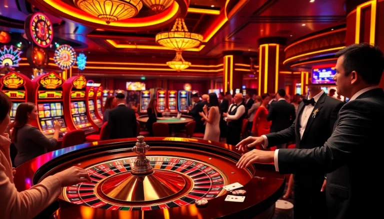 Vibrant casino scene showcasing hi88 with players at roulette, colorful slots, and lively action.