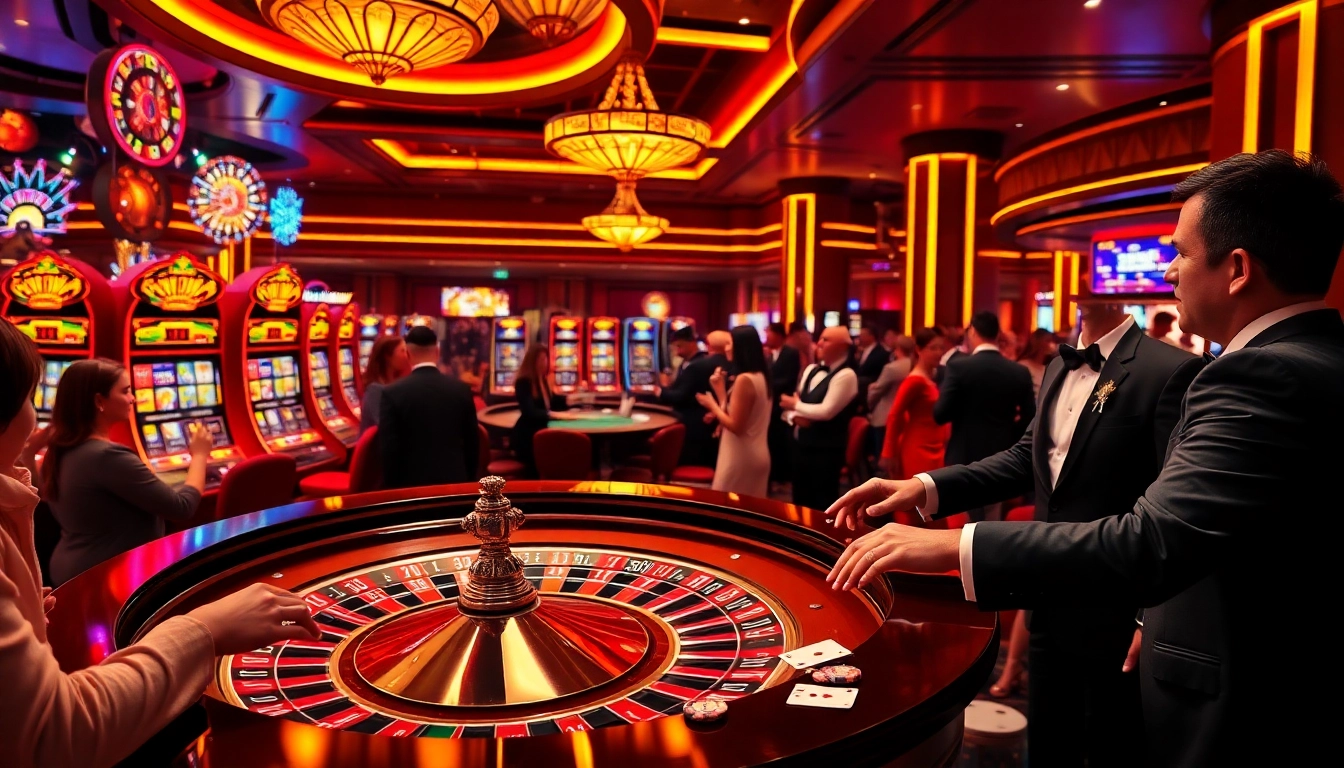 Vibrant casino scene showcasing hi88 with players at roulette, colorful slots, and lively action.