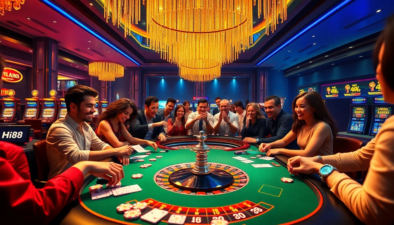 Hi88 poker game excitement with players, chips, and cards in a lively casino.