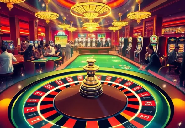 Experience the excitement of casino gaming at https://ea77.lat/ with players enjoying poker and vibrant slot machines.