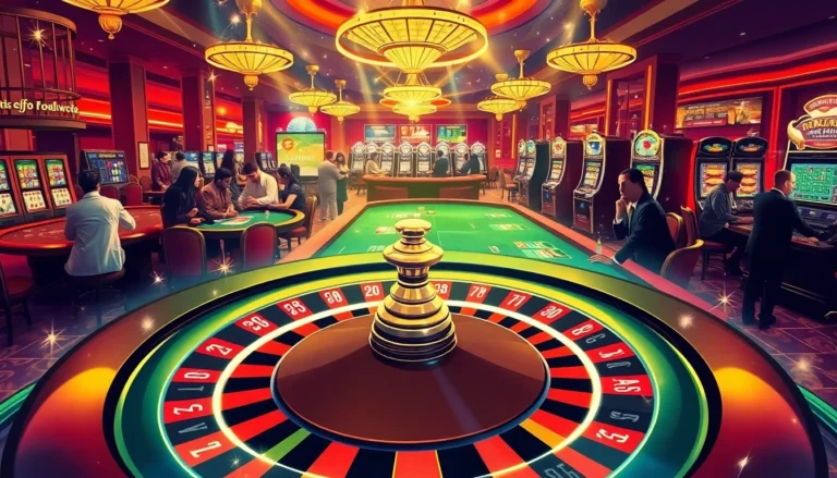 Experience the excitement of casino gaming at https://ea77.lat/ with players enjoying poker and vibrant slot machines.